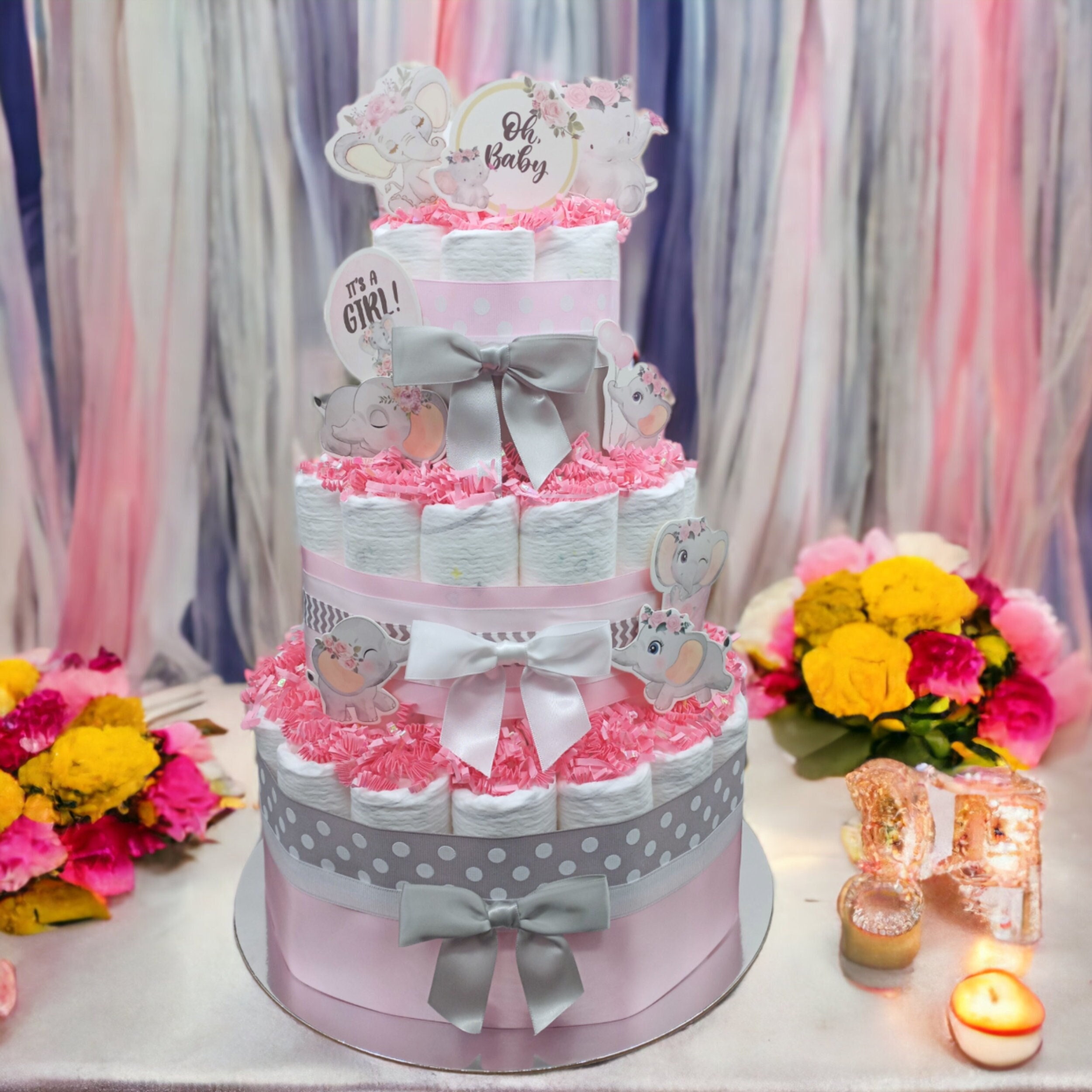 Its A Girl Diaper Cake Elephant Diaper Cake Baby Shower Gift Baby Shower Decorations Baby Shower Diaper Cakes Diaper Cake