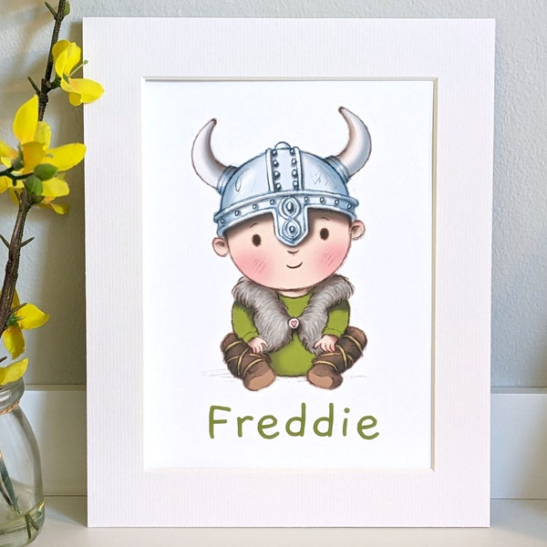 Personalised Baby Viking Print. 8"x10" Mounted Print. Nursery Decor.