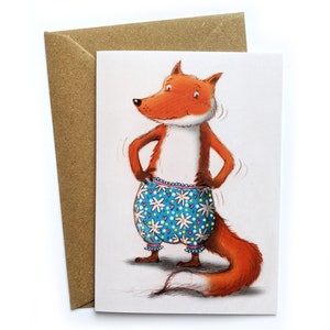 Carte de voeux renard en pantalon fleuri. Carte illustrée A6.