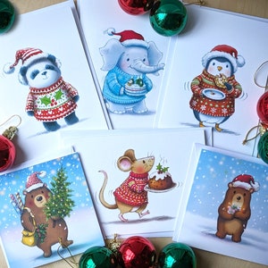Cartes de Noël illustrées d'animaux. Lot de 6 cartes assorties. Un panda, un éléphant, un pingouin, une souris et des ours festifs !
