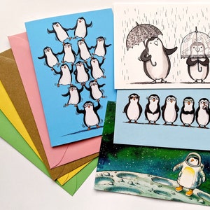 Pack of 4 Penguin Cards. Greetings Cards featuring illustrated Penguins. A6 illustrated Blank Cards