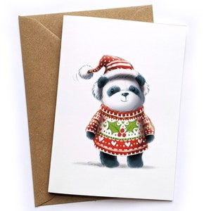 Carte de panda de Noël. Carte à l'unité ou lot de 2, 4 ou 8 - Panda dans une carte de Noël. Carte de Noël A6 illustrée.