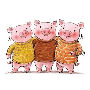 May include: Three pink pigs wearing sweaters. The pig on the left is wearing a yellow sweater, the middle pig is wearing a brown sweater, and the pig on the right is wearing an orange sweater with a brick pattern.