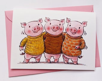 Three Little Pigs Greetings Card. A6 illustrated card