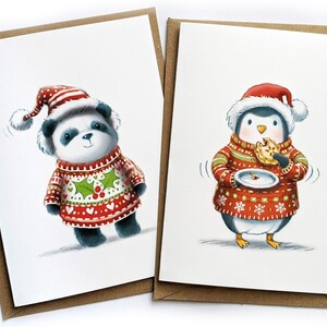 Cartes de Noël pingouin et panda. Lot de 2, 4 ou 8 cartes de Noël. Cartes de Noël A6 illustrées de pingouins et de pandas festifs.