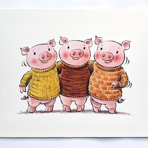 May include: Three pink pigs wearing sweaters. The pig on the left is wearing a yellow sweater, the middle pig is wearing a brown sweater, and the pig on the right is wearing an orange sweater.