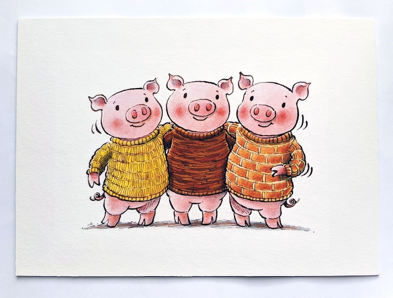 May include: Three pink pigs wearing sweaters. The pig on the left is wearing a yellow sweater, the middle pig is wearing a brown sweater, and the pig on the right is wearing an orange sweater.