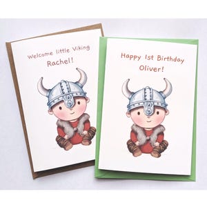 Carte personnalisée de naissance ou d'anniversaire de bébé viking. Carte illustrée A6