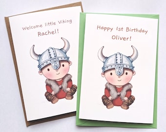 Personalised Baby Viking Birth or Birthday Card. A6 illustrated Card