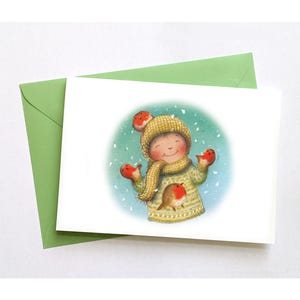 Illustrations de cartes de Noël A6 représentant un enfant portant un pull, un bonnet et des mitaines. Une seule carte ou des lots de 2, 4 ou 8