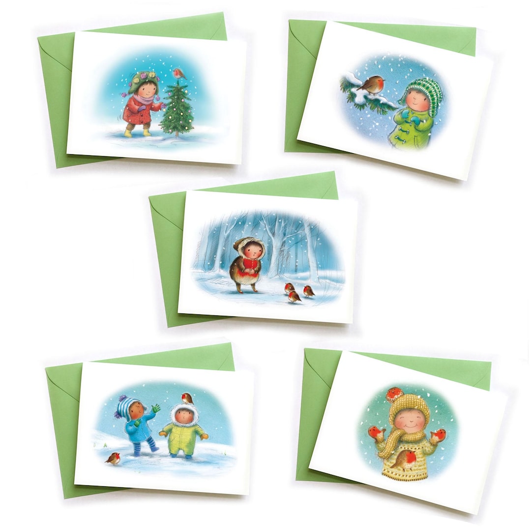 Illustrated Christmas Cards Depicting Robins and Children. Pack of 5 ...
