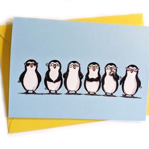 Row of Penguins Greetings Card. A6 illustrated card.