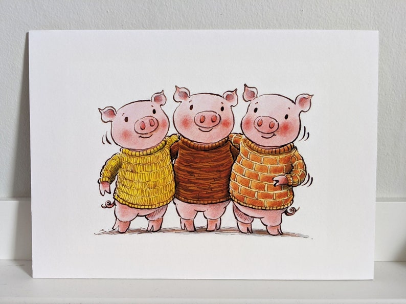 May include: Three pink pigs wearing colorful sweaters. The pig on the left is wearing a yellow sweater, the middle pig is wearing a brown sweater, and the pig on the right is wearing an orange sweater.