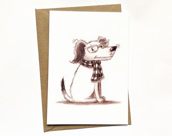 May include: A black and white illustration of a dog wearing glasses and a checkered scarf. The dog is sitting and looking to the right.
