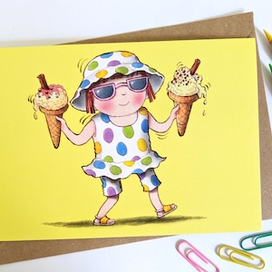 Fille sur le thème de l'été. Carte de voeux illustrée, carte vierge illustrée A6