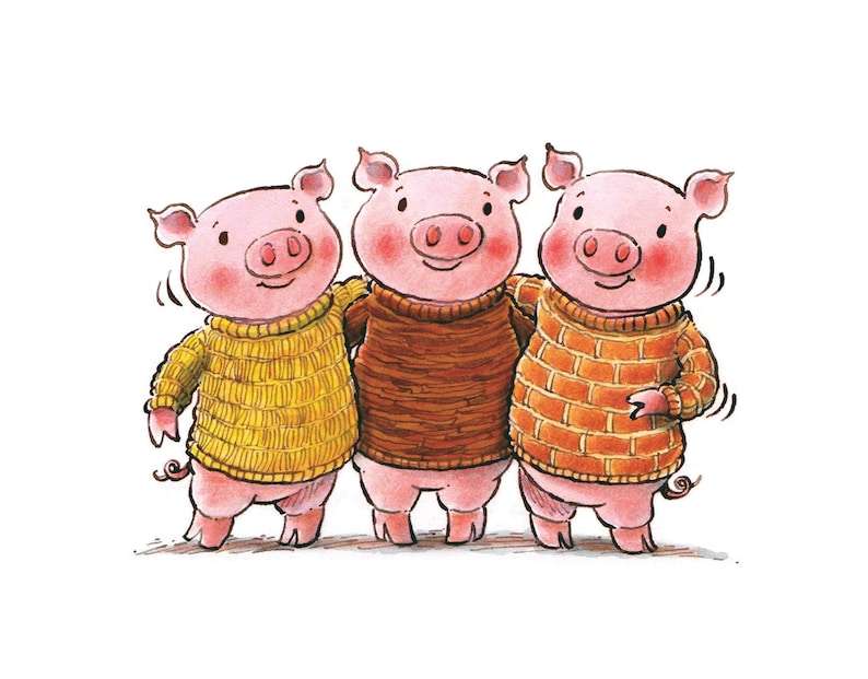 A4 Giclée Art Print of the Three Little Pigs. Printed on 310gsm Hahnemühle German Etching Paper and mounted on 2mm card image 1