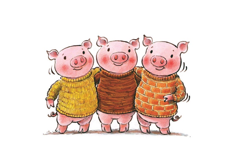 May include: Three pink pigs wearing sweaters. The pig on the left is wearing a yellow sweater, the middle pig is wearing a brown sweater, and the pig on the right is wearing an orange sweater with a brick pattern.