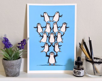 May include: A blue background with a stack of 10 penguins wearing glasses. The penguins are stacked in a pyramid shape with the bottom penguin holding up the top penguin. The penguins are all facing forward and have their wings outstretched.