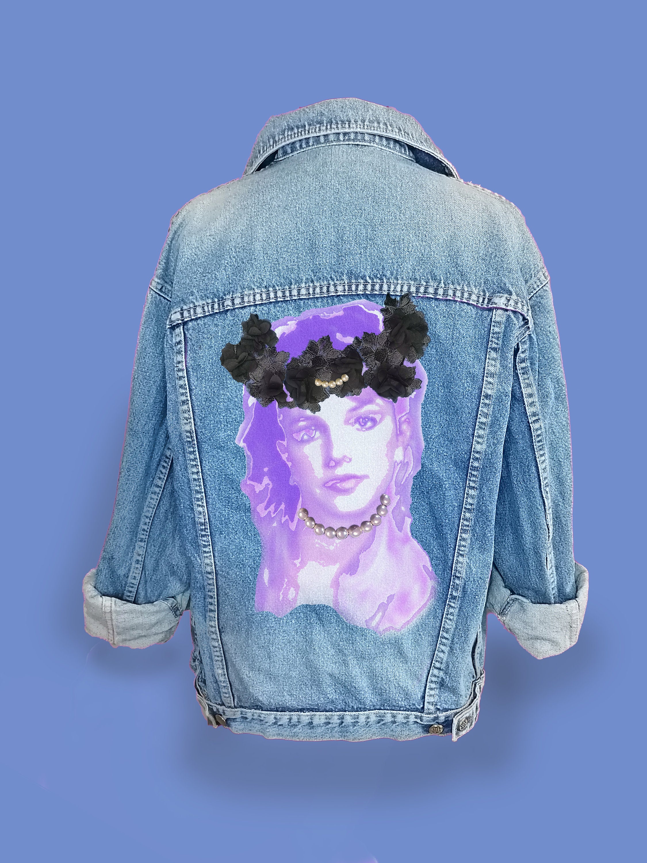 Britney Pimped Denim Jacket 3D Flowers Pearls Unisex Coat Casual Streetstyle Artistic Design Printed Singer Celebrity Cool Woman Upcycled Etsy