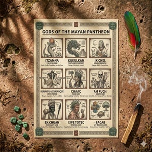 May include: A beige poster titled "GODS OF THE MAYAN PANTHEON" with illustrations of Mayan deities. The poster includes images of Itzamna, Kukulkan, Ix Chel, Hunahpu & Xbalanque, Chaac, Ah Puch, Ek Chuah, Xipe Totec, and Bacab. A colorful feather and incense are on the right.