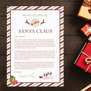 May include: A letter from Santa Claus, with a red and green striped border, and the text "FROM THE DESK OF SANTA CLAUS". The letter is on a wooden surface with wrapped gifts.