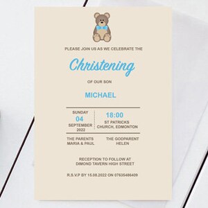 Christening Invitation Template | Christening invitation for a Boy | Teddy Bear Christening Invitation | Boy | Editable PDF Adobe Reader
