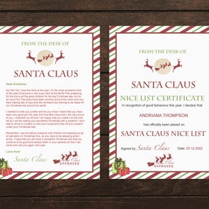 May include: Two Christmas-themed certificates. One is a letter from Santa Claus, the other is a Nice List Certificate. Both have a red and green striped border and feature Santa's sleigh and reindeer.