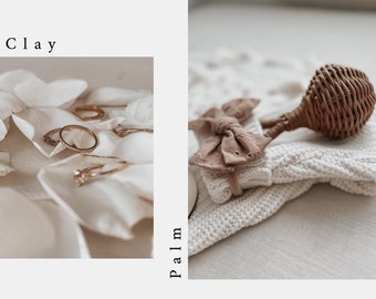 May include: A collection of baby items in neutral tones. Includes a woven rattle, a knitted blanket, a bow, a ribbed romper, and a small woven basket with a stuffed animal. The word "Clay", "Palm", and "Pampas" are visible.