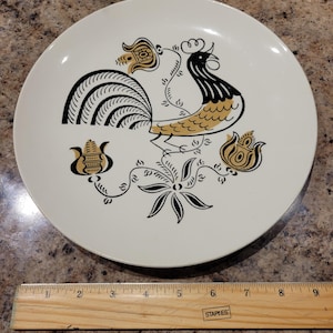 Mid Century Royal China GOOD MORNING Rooster Farmhouse Bread Retro. Graphics are great of Black and Gold Rooster and Flowers.