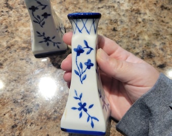 Vintage pair blue and white candlestick holders 5.25 inches