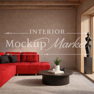 Puede incluir: Un salón moderno con un sofá seccional rojo, cojines negros y una mesa de centro redonda negra. Una escultura negra se encuentra cerca de una gran ventana con una vista panorámica. La pared tiene el texto "INTERIOR Mockup Market".