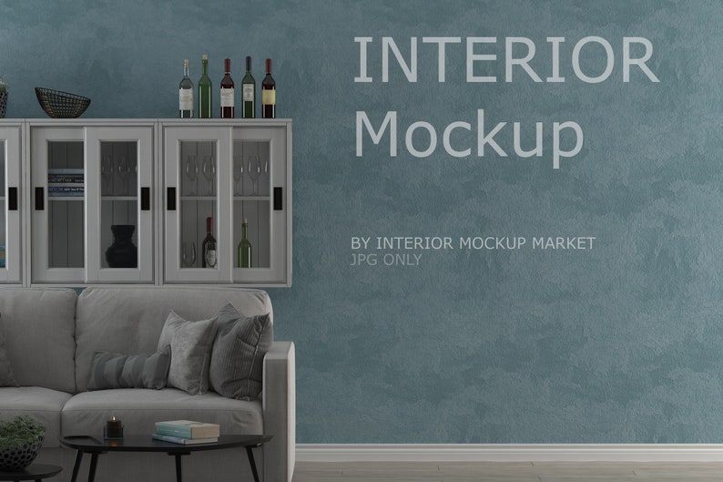 May include: Interior mockup featuring a gray sofa, a black coffee table, and a white cabinet with glass doors. The cabinet displays wine bottles and glasses. The wall is a textured teal color, with the text "INTERIOR Mockup".