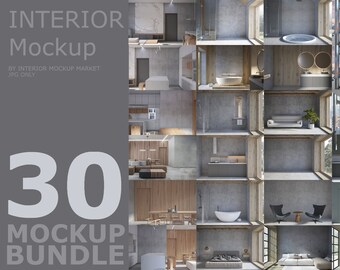 Könnte beinhalten: Ein digitales Mockup-Bundle mit 30 Innenraumszenen. Das Bild zeigt verschiedene Räume, darunter Badezimmer, Küchen und Wohnbereiche, mit moderner und minimalistischer Ästhetik. Der Text "INTERIOR Mockup" und "30 MOCKUP BUNDLE" sind zu sehen.