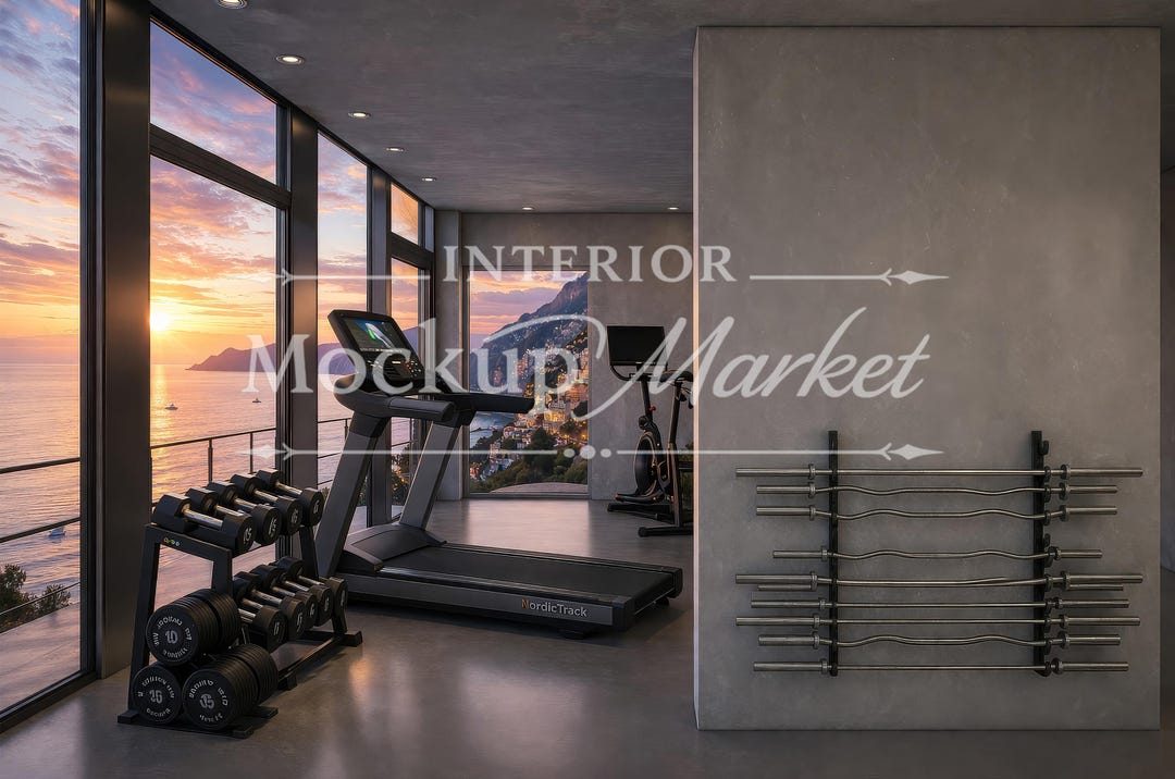 Luxury Gym Mockup, Penthouse Fitness Room With Ocean View, Modern ...
