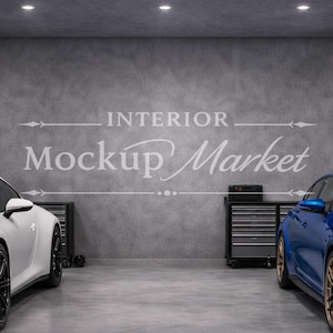 May include: A white sports car and a blue sports car are parked in a garage. The garage has a gray concrete wall with the text "INTERIOR Mockup Market". There are two stainless steel cabinets and two tool chests.