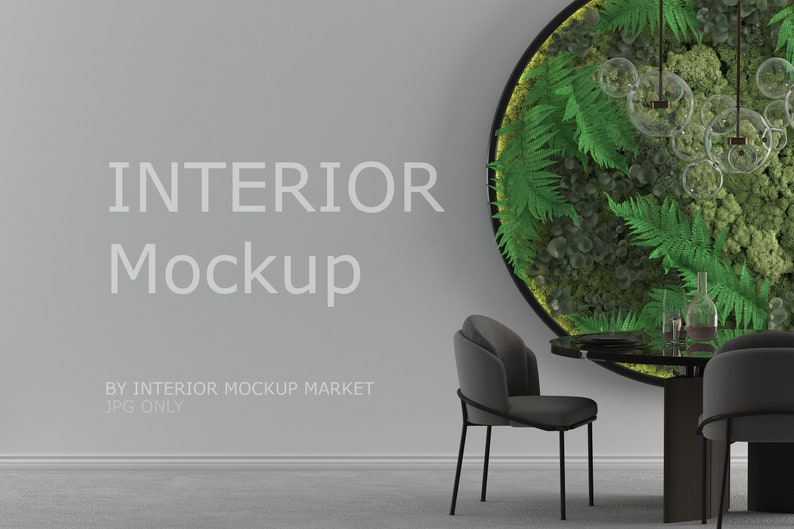 May include: Interior mockup featuring a modern dining area. A round black table is set with plates and glassware, surrounded by gray chairs. A circular wall decor with greenery and a bubble chandelier adds a natural touch. The text "INTERIOR Mockup" is displayed on the wall.