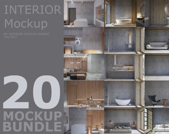 Könnte beinhalten: Grauer Hintergrund mit dem Text "INTERIOR Mockup" und "20 MOCKUP BUNDLE" in Weiß. Das Bild zeigt ein Raster von 20 Innenarchitektur-Mockups, die verschiedene Räume mit modernen Möbeln und Dekorationen zeigen.