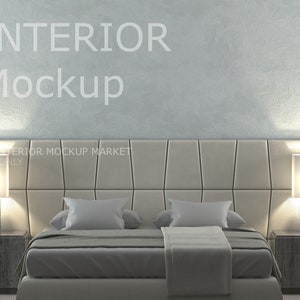 May include: A modern bedroom interior mockup with a light blue textured wall. The bed has a large, geometric headboard, two nightstands with lamps, and a gray bedspread. The text "INTERIOR Mockup" is visible.