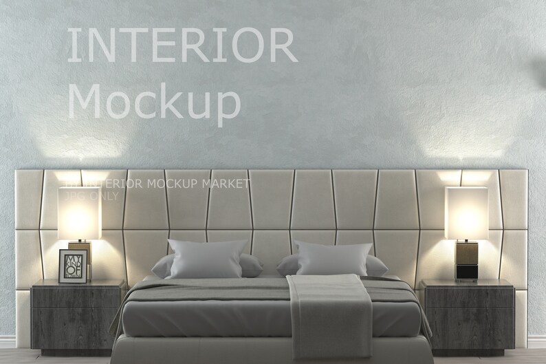 May include: A modern bedroom interior mockup with a light blue textured wall. The bed has a large, geometric headboard, two nightstands with lamps, and a gray bedspread. The text "INTERIOR Mockup" is visible.