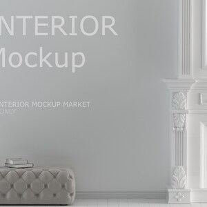 May include: Interior mockup featuring a tufted ottoman, decorative globe, and a white fireplace with ornate details. The wall displays the text "INTERIOR Mockup" and "BY INTERIOR MOCKUP MARKET JPG ONLY". The scene is minimalist and elegant, with a neutral color palette.