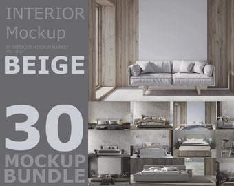Könnte beinhalten: Innenraum-Mockup-Bundle mit einem beigen Thema. Das Bild zeigt ein modernes Wohnzimmer mit einem grauen Sofa und eine Reihe von Schlafzimmer-Mockups. Der Text auf dem Bild lautet "INTERIOR Mockup" und "30 MOCKUP BUNDLE".