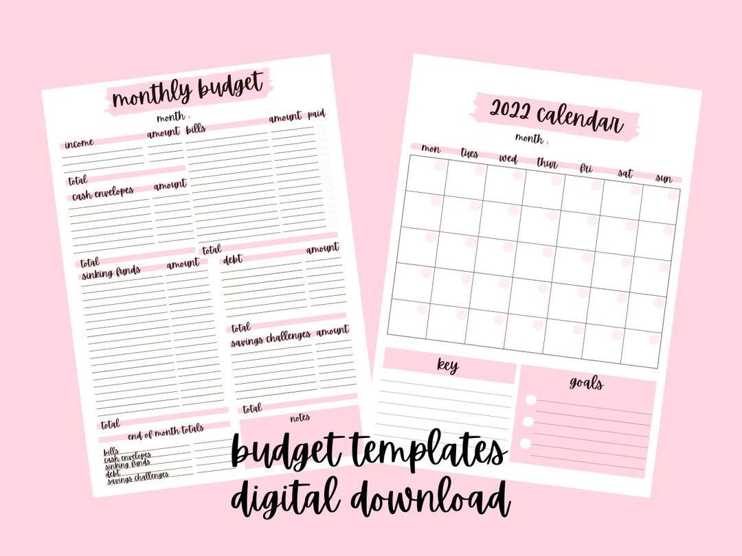Monthly Budget Template and Calendar Printable Digital Download Cash ...