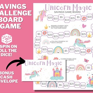 Peut inclure: Un plateau de jeu coloré sur le thème de la licorne. Le plateau présente un chemin de jeu avec des cases sur lesquelles les joueurs peuvent atterrir. Chaque case a un montant en dollars, et il y a aussi des cases avec des instructions spéciales. Le plateau est intitulé "Unicorn Magic Savings Game Board".