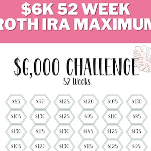 May include: A printable chart for a 52-week savings challenge to save $6,000. The chart is divided into 16 hexagonal boxes, each with a dollar amount. The chart is titled "$6,000 CHALLENGE 52 Weeks".