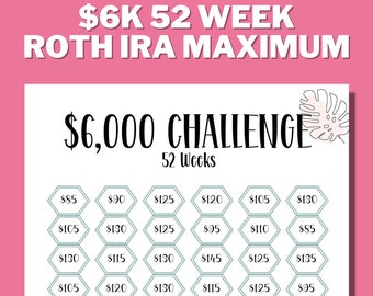6K ROTH IRA in 52 settimane Saving Challenge Tracker stampabile, Risparmia 6.000 in 1 anno, Money Saving Challenge, us letter pdf, A4