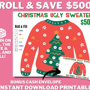 Kerstvakantie lelijke trui afdrukbaar, rol de dobbelstenen, Cash Envelope Saving Challenge, Money Saving Challenge, spelen en opslaan, Cash Budget