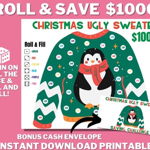 Kerstvakantie lelijke trui afdrukbaar, rol de dobbelstenen, Cash Envelope Saving Challenge, Money Saving Challenge, spelen en opslaan, Cash Budget