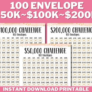 50K~100K~200K 100 Envelope Challenge Bundle PRINTABLE, Saving Tracker, Saving Money, 100 Days Challenge, Savings Goal, Money Save Challenge