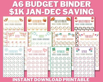 1K 12 Months A6 Mini Savings Challenge Trackers PRINTABLE, Budget Binder, 1000 Save Money Bundle, 30 Day Cash Envelope Inserts Set