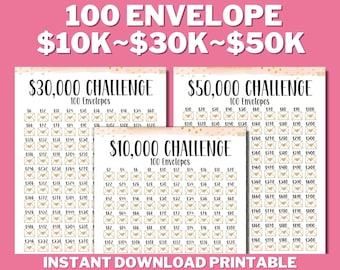 PRINTABLE 10K~30K~50K 100 Envelope Challenge Bundle, Saving Tracker, Saving Money, 100 Days Challenge, Savings Goal, Money Save Challenge